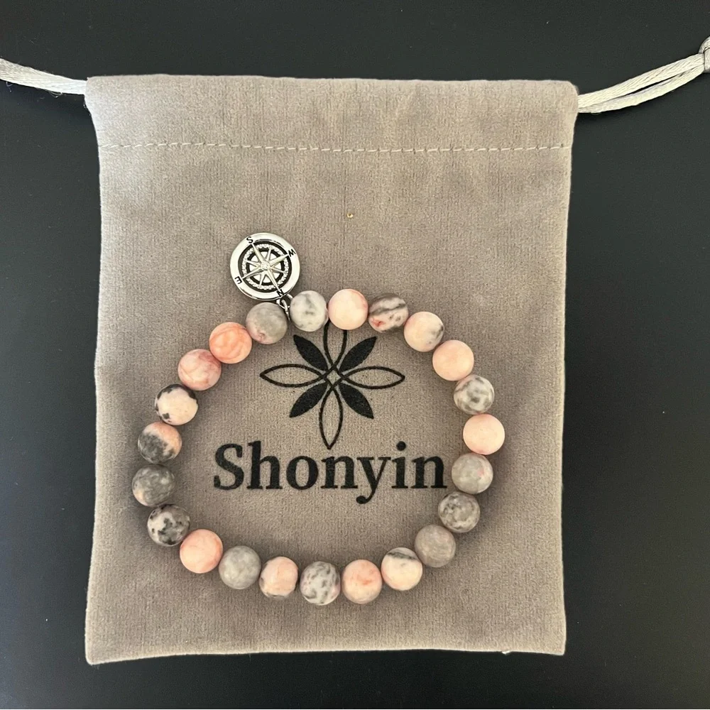 Pink and Gray Beaded Bracelet with Metallic Charm - Picture 2 of 4